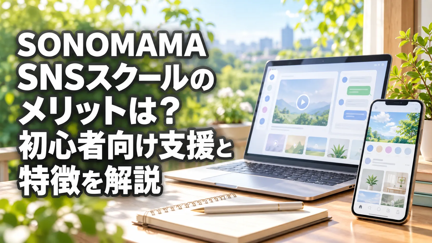 緑に囲まれた明るい屋外のデスクにノートパソコンとスマートフォンを配置し、SONOMAMA SNSスクールの初心者向け支援とメリットを表現した画像。