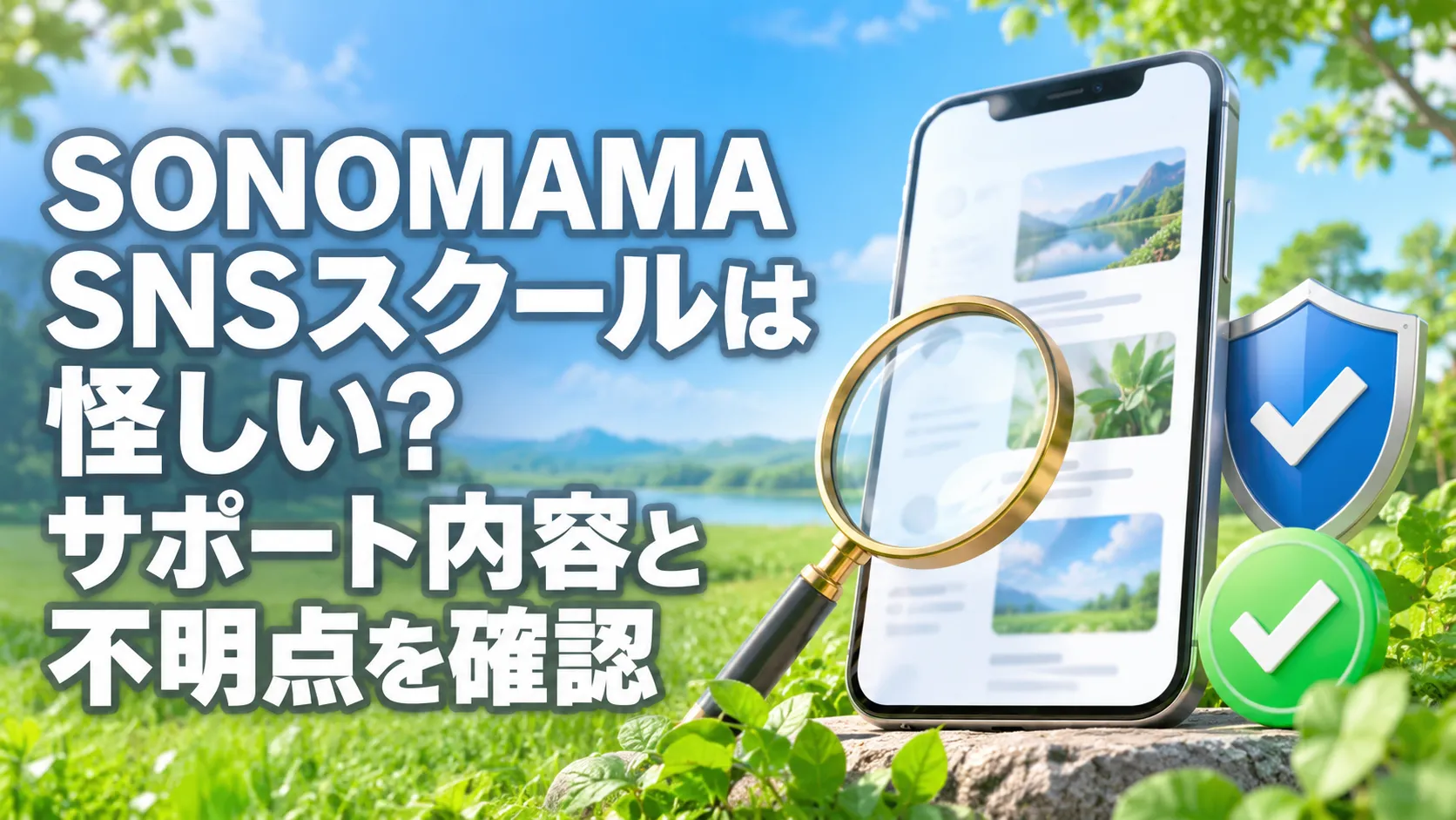 SONOMAMA SNSスクールのサポート内容や不明点をスマートフォンと虫眼鏡で確認するイメージ
